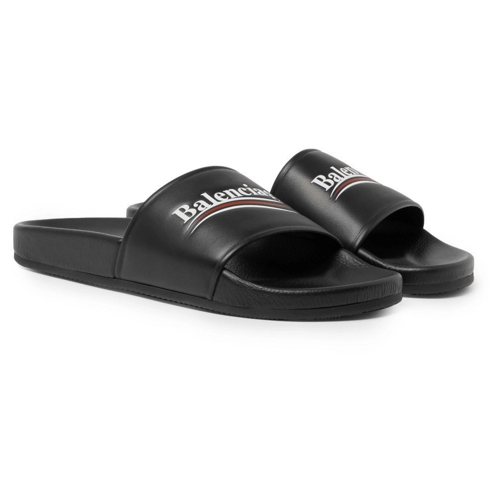 Balenciaga Black Leather Campaign Logo Slide Pool Sandal Flip Flop Flat 44 11